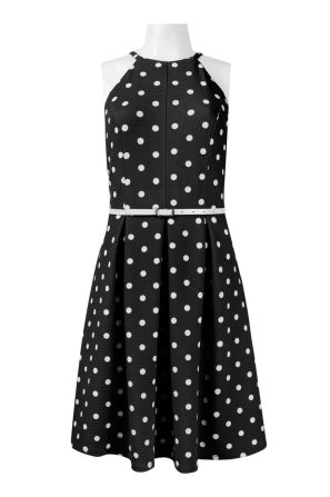 RMLL Halter Neck Zipper Back Belted Pleated Polka Dot Print Textured Scuba Knit Dress