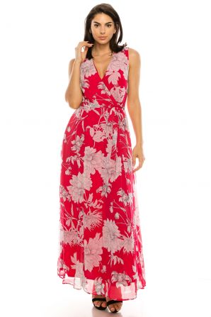 Sandra Darren Red White Floral Chiffon Wrap Maxi Dress With Matching Belt