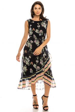 Sandra Darren Navy Floral Printed Sleeveless Tulip High Low Maxi Dress