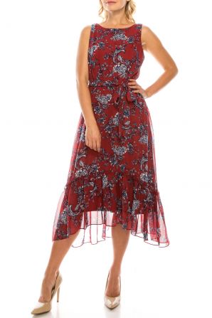 Sandra Darren Dark Red Navy Floral Sleeveless Midi Dress