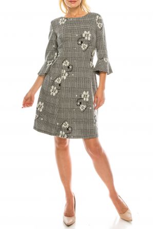 Sandra Darren Black White Glen Plaid Floral Jacquard A-Line Dress