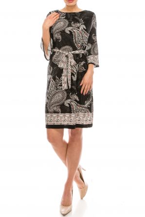 Sandra Darren Black Ivory Grey Textured Paisley Printed Dress