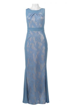 Sangria Boat Neck Sleeveless Pleated Front Scoop Back Jersey Lace Dress