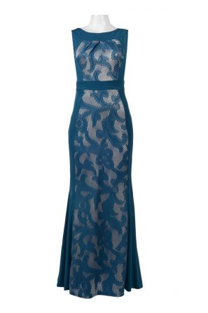 Sangria Boat Neck Sleeveless Pleated Front Scoop Back Jersey Lace Dress