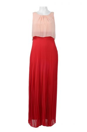 Sangria Boat Neck Sleeveless Popover Accordion Pleat Chiffon Dress