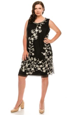 SD Collection Black Ivory  Allover Floral Embroidered Shift Dress