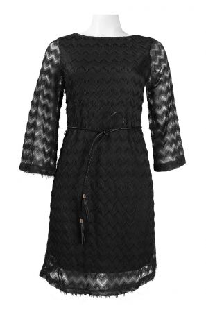 Sharagano Bell Sleeve Zigzag Pattern String Belt Lace Overlay Dress