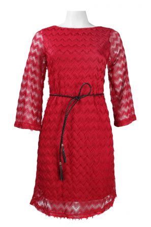 Sharagano Bell Sleeve Zigzag Pattern String Belt Lace Overlay Dress