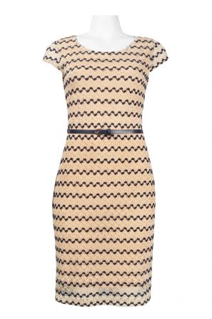 Sharagano Cap Sleeve Wave Pattern Cotton Lace Dress with Skinny Belt