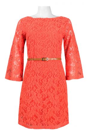 Sharagano Boat Neck Angel Sleeve Belted Lace Overlay Dress