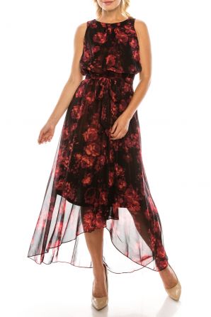Shelby & Palmer Red Black Floral Printed High Low Dress