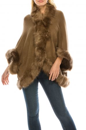 Sioni  Acrylic Faux Fur Trimmed Poncho Cape