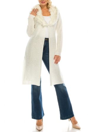 Sioni Marled Sequined Longline Cardigan with Fur Collar