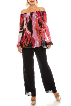 Sioni Tiger Lily Printed Crepe Chiffon Off-the-Shoulder Blouse