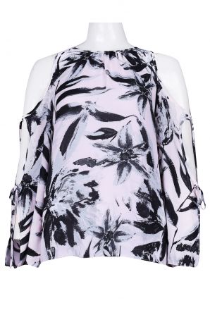 Sioni Cutout Sleeves Brush Stroke Print Crepe Chiffon Top