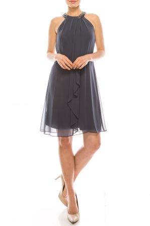 SLNY Steel Sleevless Mock Neck Short Evening Dress