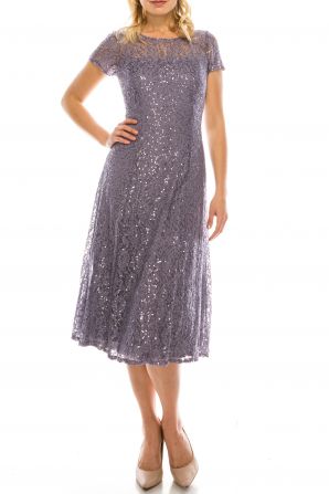 SLNY Mystic Heather Sequined Lace A-Lined Midi Evening Dress