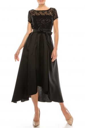 SLNY Black Sequined Lace & Twill Evening Dress