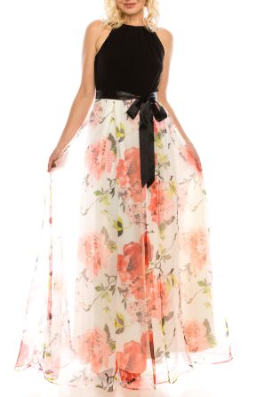SLNY Ivory Multi Floral Printed Jersey & Organza A-Line Evening Dress