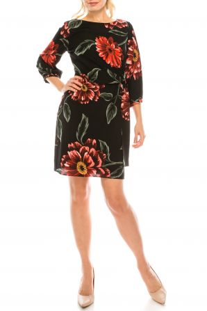 SLNY Black Multi Daisy Printed Sheath Dress with Boat Neckline