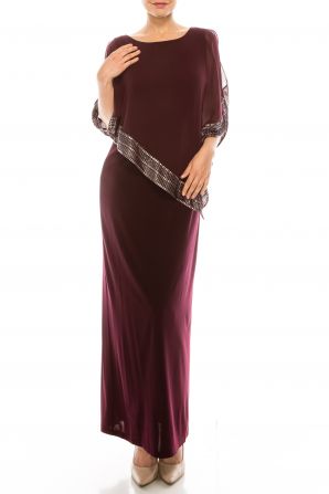 SLNY Navy Attached Chiffon Cutout Cape Overlay Jersey Long Dress