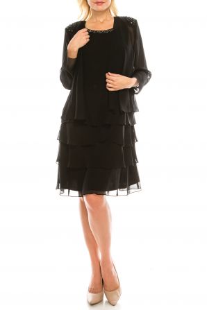 SLNY Black Chiffon Beaded 2 Piece Evening Dress Set