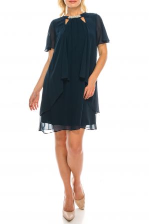 SLNY Midnight Teal Layered Chiffon Party Dress with Faux Pearl Neckline