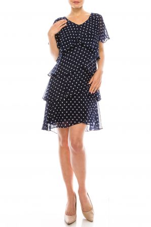 SLNY Navy White Polkadot Short Tier Shift Dress