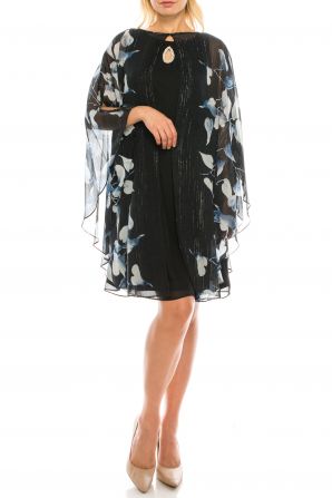 SLNY Navy Multi Floral Printed Metallic Evening Dress Set