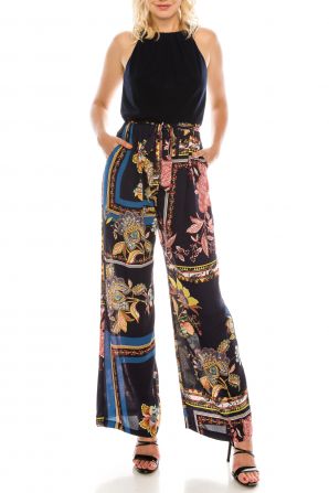 SLNY Navy Multi Floral Scarf Printed Halter Jumpsuit