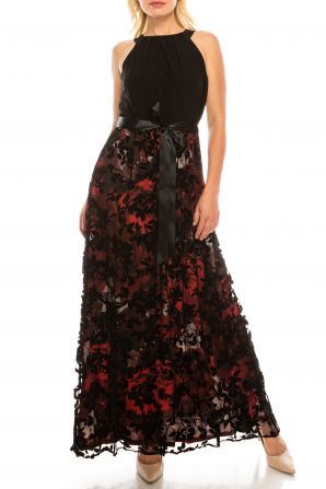 SLNY Red Black Dual Floral Printed Long Evening Dress