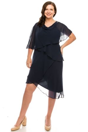 SLNY Navy Embeliished Chiffon Cape Overlay Tiered 2 Piece Dress