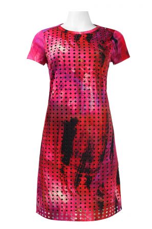 Spense Short Sleeve Abstract Print Eyelet Scuba Short Dress