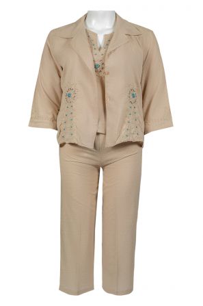 Stitch Embroidered Pattern Cotton Pants Set with 3/4 Sleeve Collared Jacket