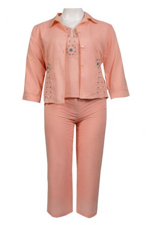 Stitch Embroidered Pattern Cotton Pants Set with 3/4 Sleeve Collared Jacket
