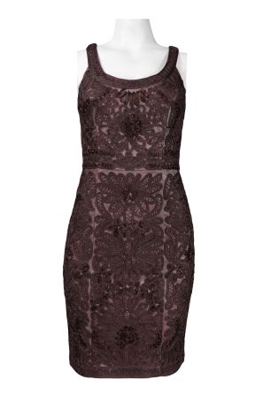 Sue Wong Scoop Neckline Ribbon Swirl Pattern Mesh Sheath Dress
