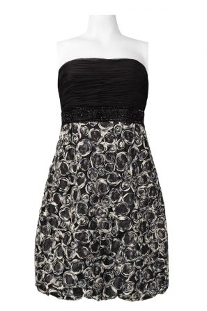 Sue Wong Strapless Ruched Chiffon Bust Rosette Appliqué Mesh Dress
