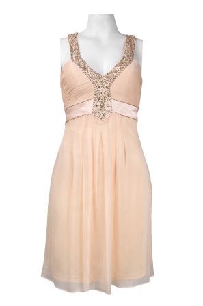 Sue Wong Beaded V-Cut Strap Satin Inset Crepe Chiffon Dress
