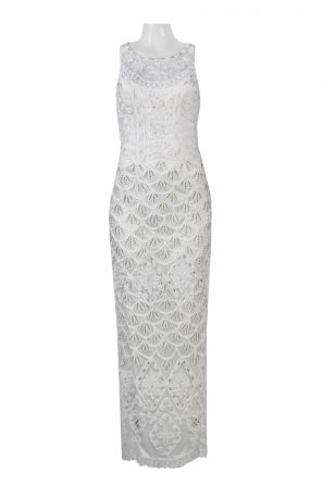 Sue Wong Sleeveless Bead and Ribbon Detail Mesh Overlay Long Dress