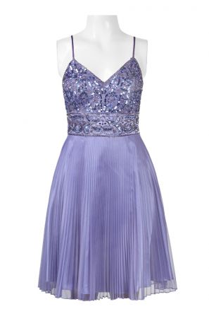 Sue Wong Spaghetti Strap Embellished Pleated Mesh Dress