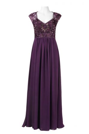 Sue Wong Mesh Cap Sleeve Floral Embellishment A-Line Chiffon Dress