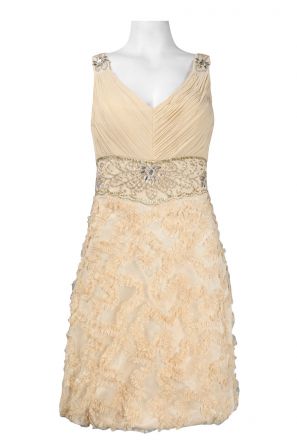 Sue Wong V-Cut Neckline Ruched Bodice Embellished Waist Ruffled Mesh Dress