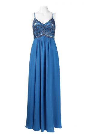 Sue Wong Spaghetti Strap V-Neck Beaded Bodice Flutter Mesh & Chiffon Dress