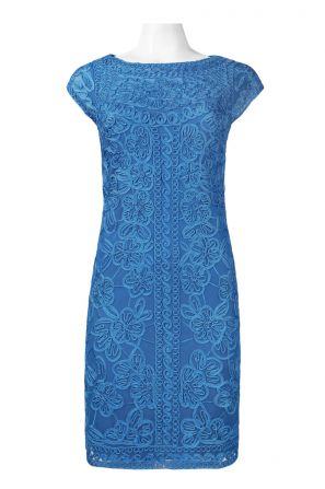 Sue Wong Cap Sleeve Floral Ribbon Detail Mesh Cocktail Dress