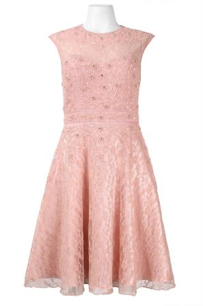 Sue Wong Crew Neck Keyhole Back Cap Sleeve Floral Mesh Dress
