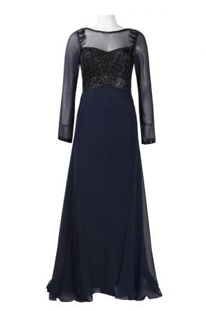 Sue Wong Boat Neck Illusion Long Sleeve V-Back Beaded Bodice Chiffon Dress