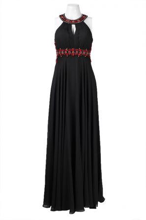 Sue Wong Halter Neck Cutout Back Ruched Bodice Beaded Neck and Waist Chiffon Dress