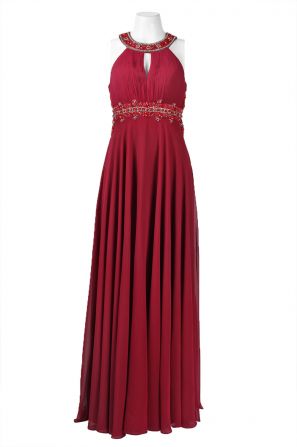 Sue Wong Halter Neck Cutout Back Ruched Bodice Beaded Neck and Waist Chiffon Dress