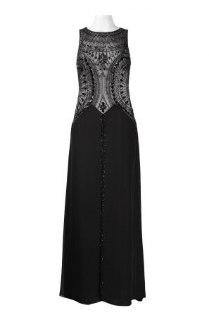 Sue Wong Boat Neck Sleevless Open Back Embellished Bead and Rhinestone Chiffon Dress