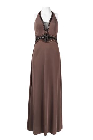 Sue Wong Halter Neckline Jeweled Bodice Open Strap Back Jersey Dress